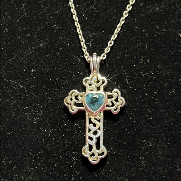 Sterling and aquamarine cross necklace.
